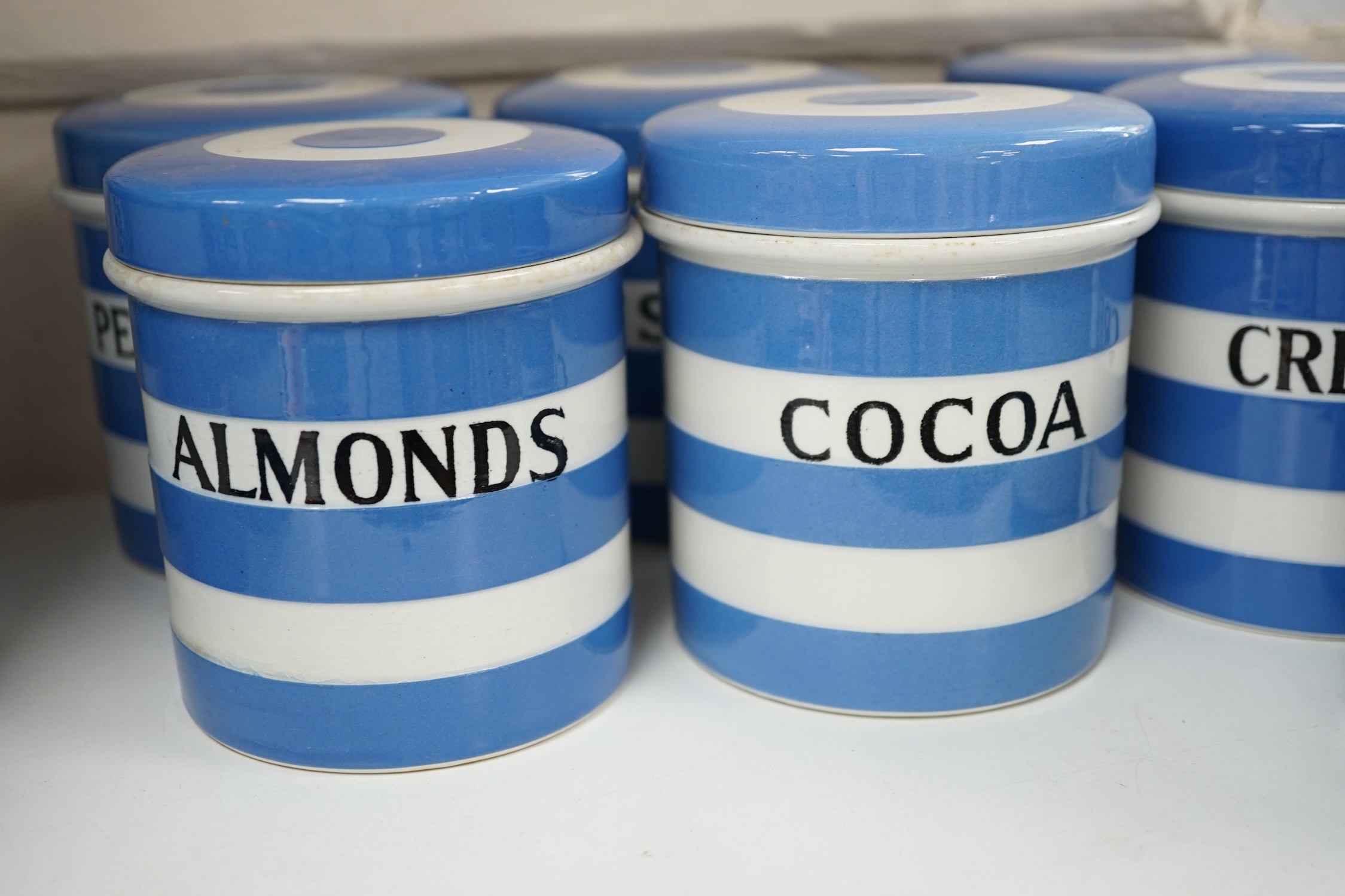 T.G.Green Cornish Kitchenware, nine 10.5cm lidded storage jars to include China Tea, Pearl Barley, Spice, Currants and Ground Almonds, mainly Black Shield marks. Condition - fair to good